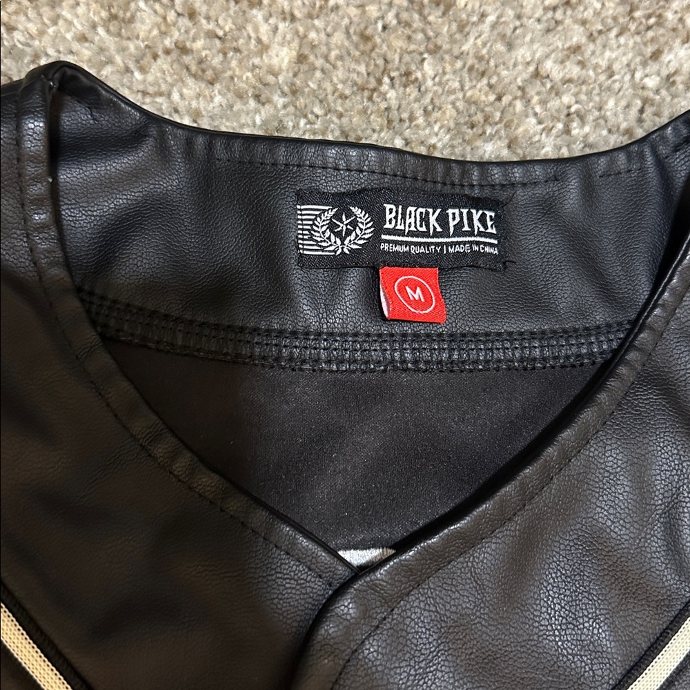 Black Pike Faux Leather Teddy Bear Baseball Jersey Carpe Diem Streetwear Size M - Picture 3 of 9